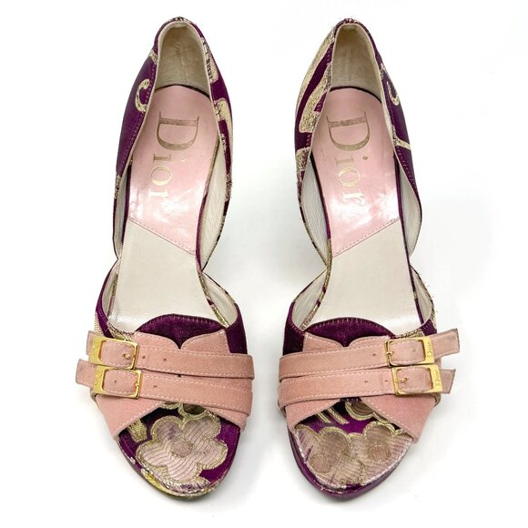Dior Galliano Purple Gold Peep Toe Pumps EU 36.5 US 6‑6.5 Platform Heels - Picture 2 of 9